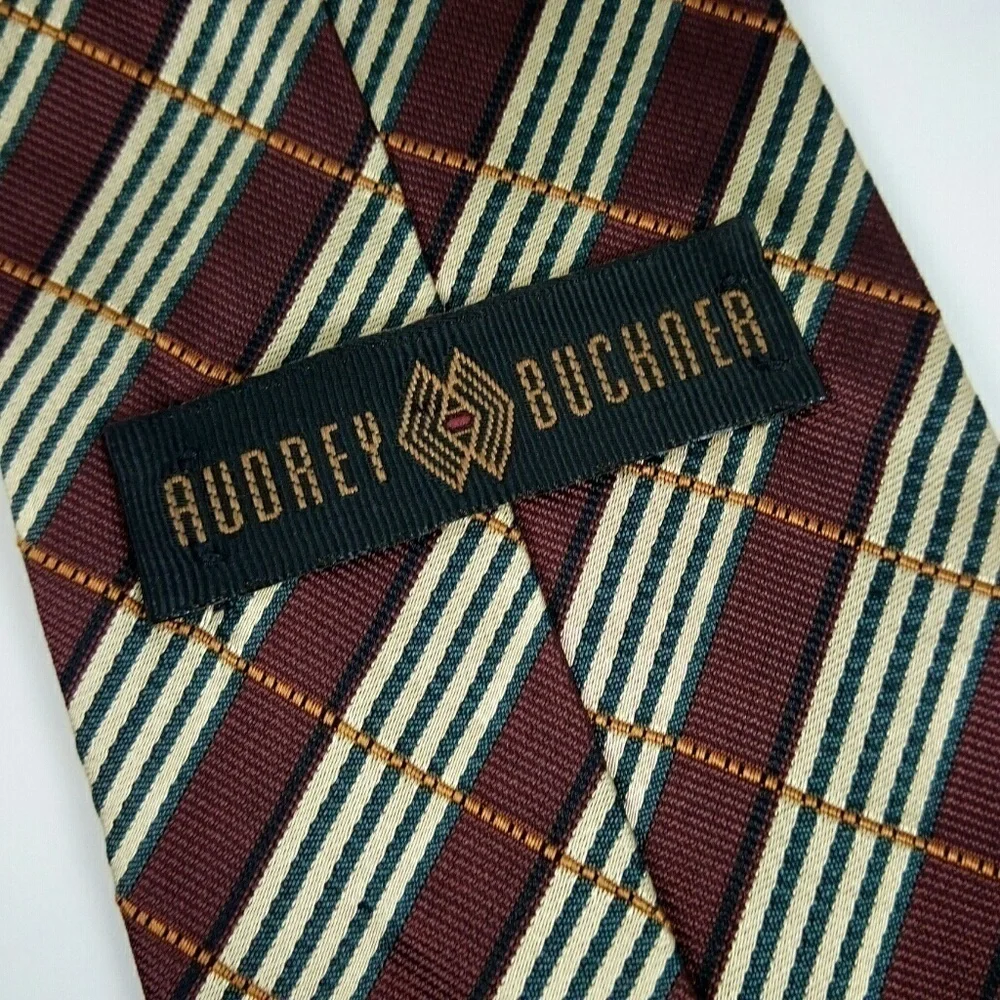 Audrey Buchner Red Gold White Stripe Silk Tie